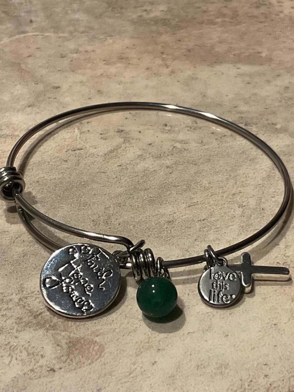 Stainless Steel Inspirational Charm Bangle Bracelet with Green Bead